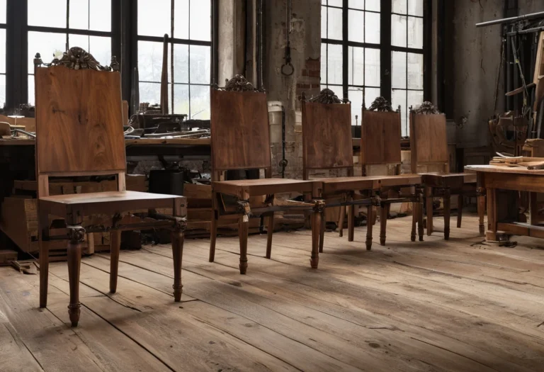 Italian furniture workshop with carved walnut chairs in progress, hand tools and finishing benches under window light