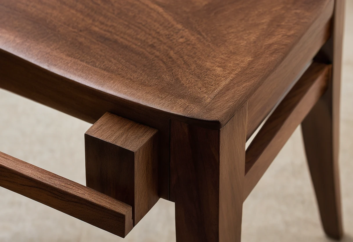 Exposed mortise and tenon joint in solid walnut chair construction beside carved frame components