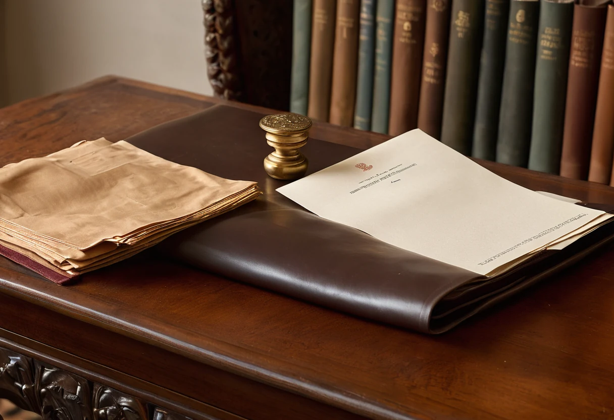 Furniture documentation pack with origin papers, wood samples and fabric swatch in a leather folder beside a carved gilded chair leg